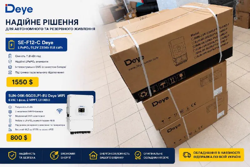 Інвертор Deye SUN-06K і коробки з обладнанням Deye — афіша з цінами на SE-F12-C і SUN-06K