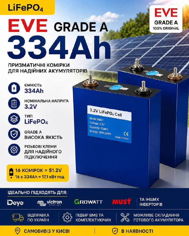 Комірки EVE LiFePO4 334 А·год — афіша з характеристиками