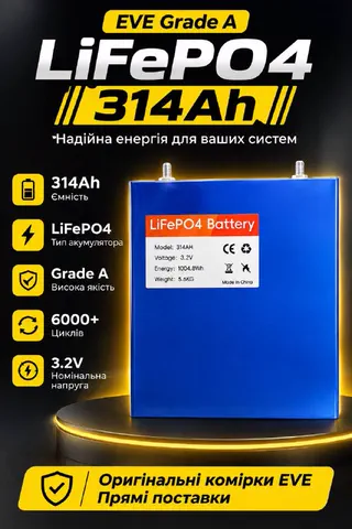 Комірка EVE LiFePO4 314 А·год — афіша з характеристиками